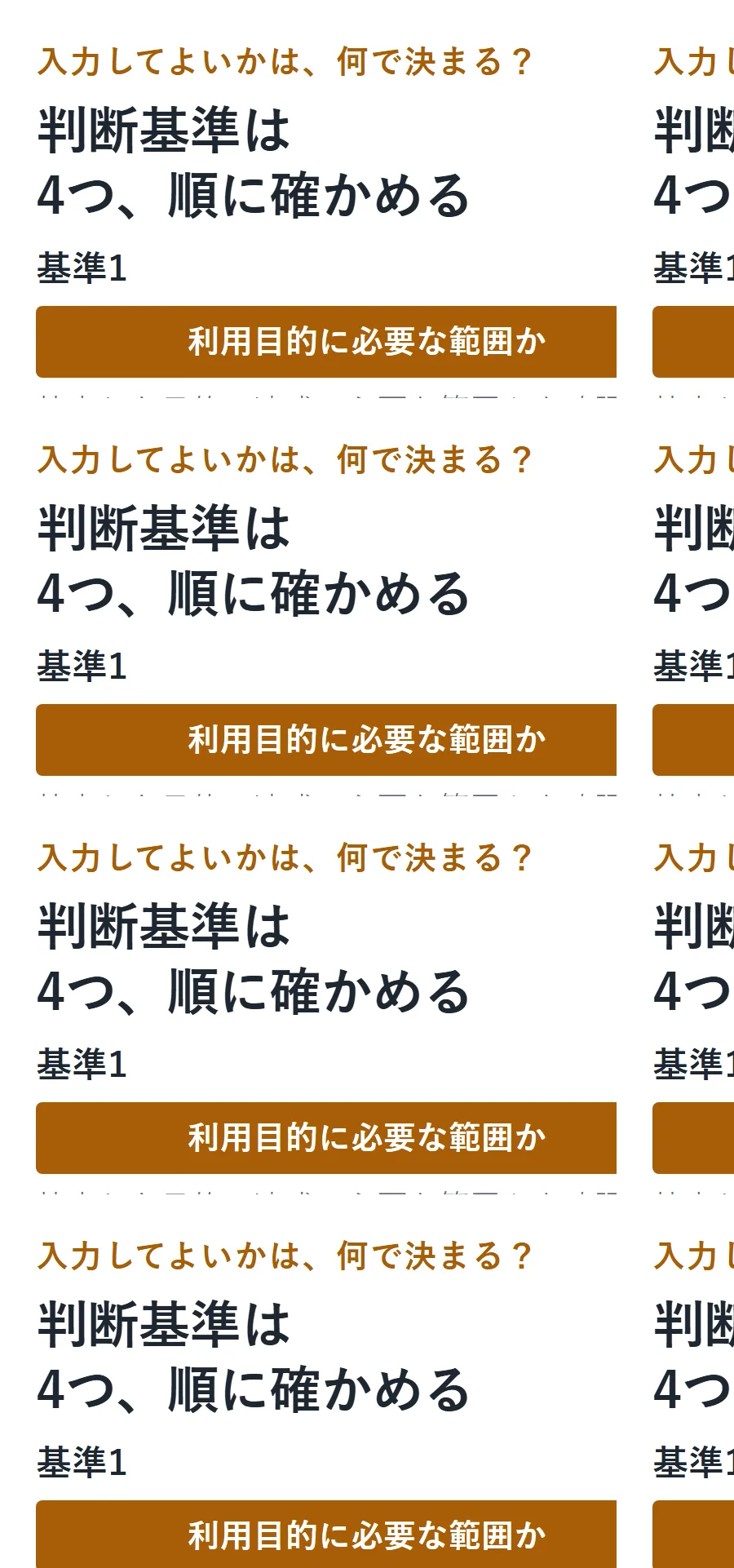 生成AIへの入力可否を判断する4つの基準の内訳図。基準1は利用目的に必要な範囲か、基準2は応答以外に使われないか、基準3は不適切な入力にならないか、基準4は規約で認められているか